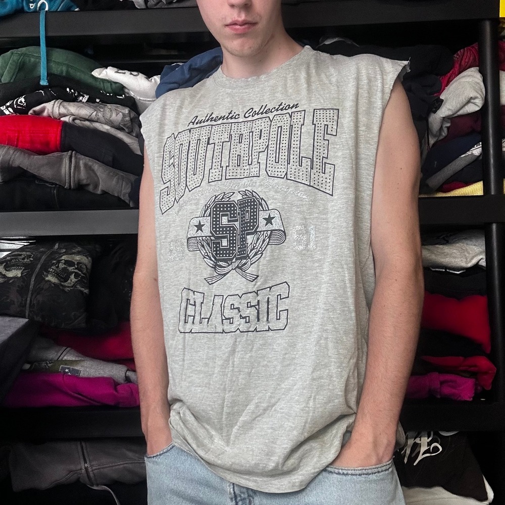 Vintage Southpole Muscle Tee Gray Y2K Streetwear Graphic Shirt XXL 1348